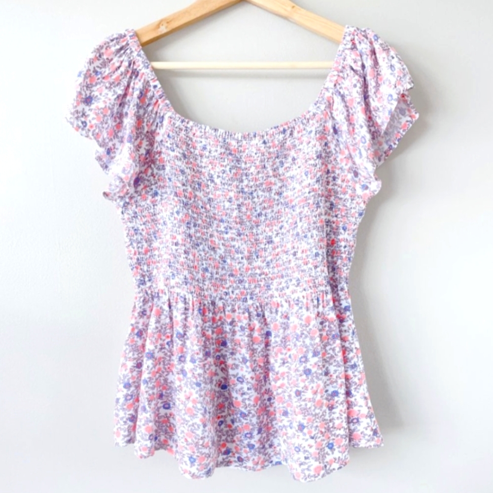 Japna Fitted flutter sleeve smocked top ditsy floral women's shirts large ruffle
